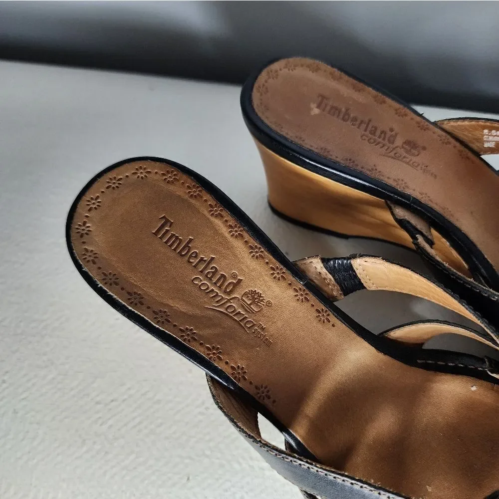 Timberland womens shoes 8.5 wedge heels black leather strappy slides